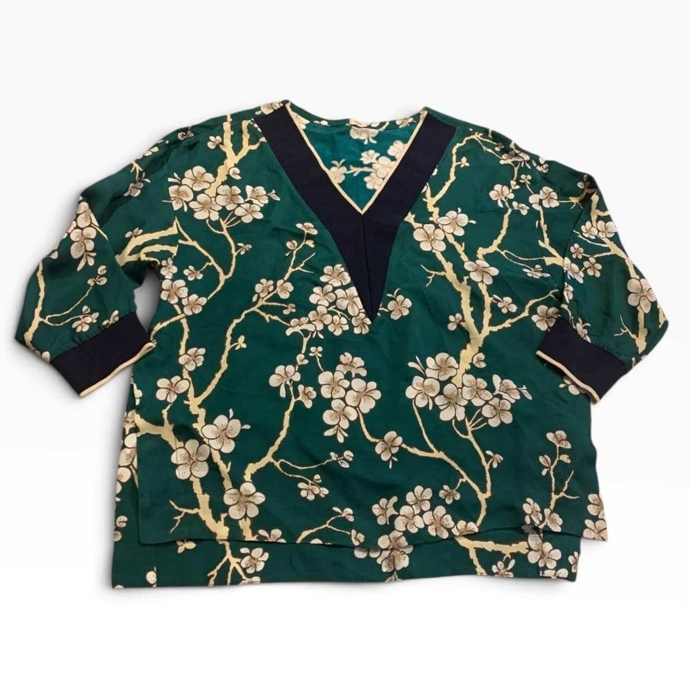 WARM Emerald Green Cherry Blossom Viscose V Neck Tunic Blouse M Chinoiserie USA